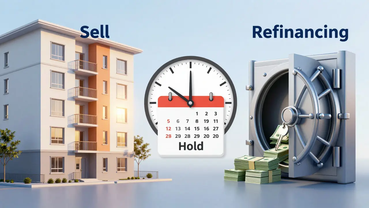 Konzeptbild: Verkauf, Refinanzierung und Halten als drei Immobilienstrategien
