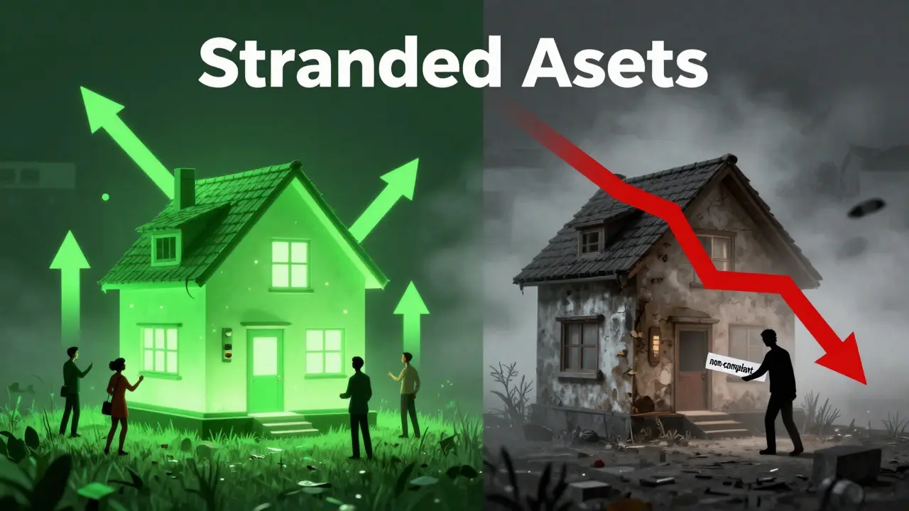 Konzeptillustration: Grüne vs. nicht-konforme Immobilien als stranded assets
