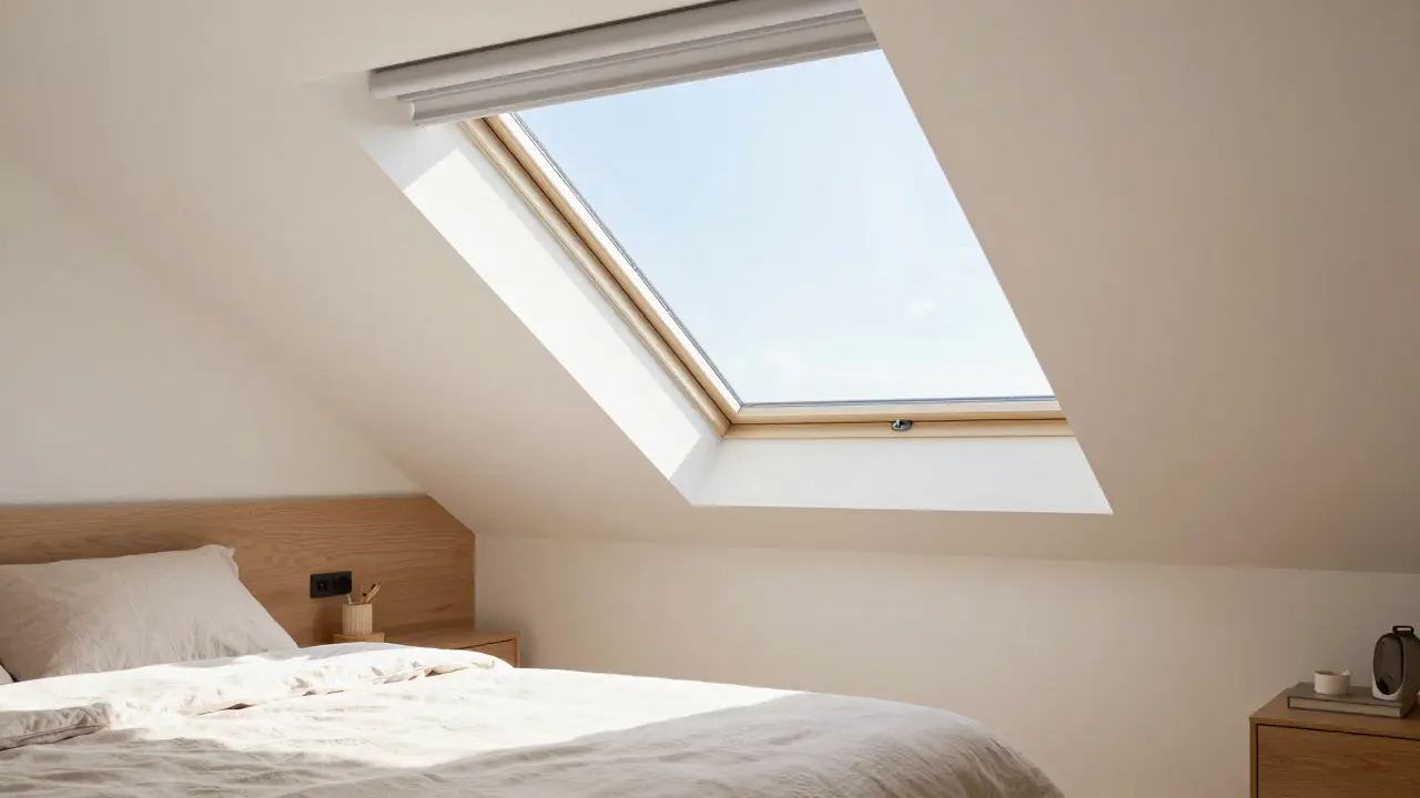 Modernes, energieeffizientes Dachfenster in hellem, komfortablem Raum