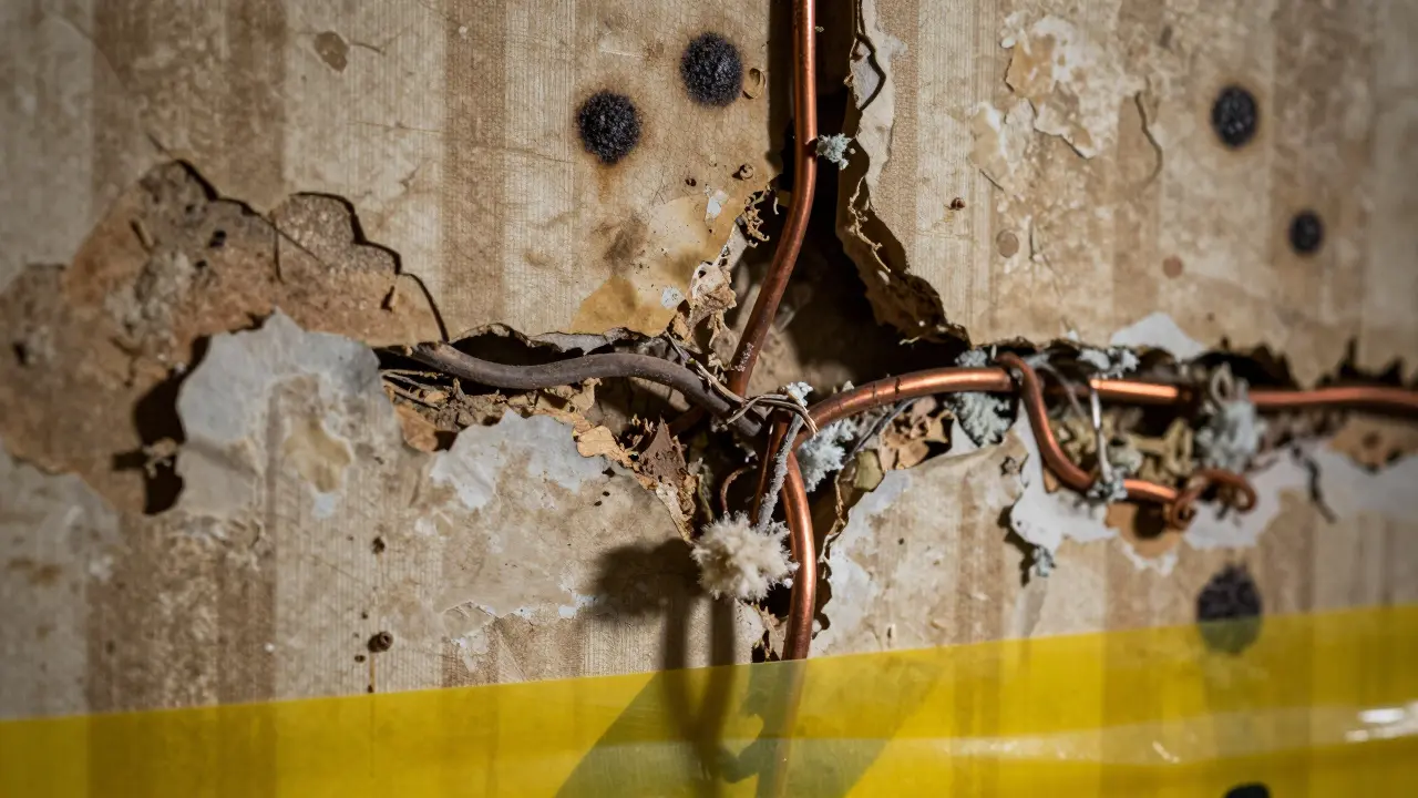 Offenlegte Wand mit Feuchtigkeitsschäden und alten Leitungen