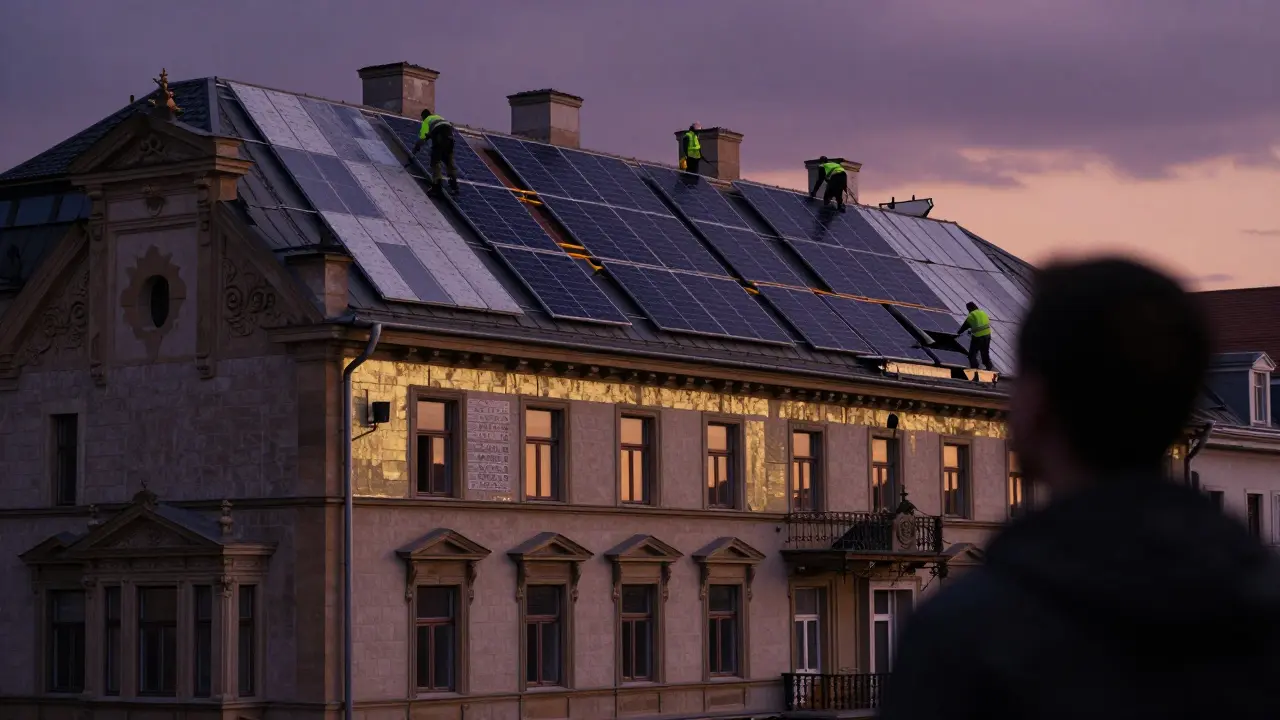Sanierung eines Altbaus mit Energieeffizienz-Maßnahmen bei Dämmerung