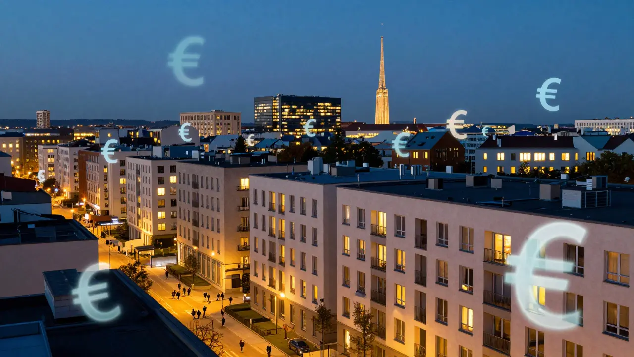 Stadtansicht bei Dämmerung mit Symbolen für Mietpreise