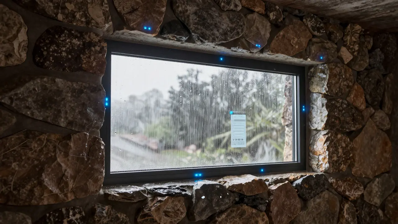 Zukunftsorientiertes intelligentes Kellerfenster mit Feuchtesensorik bei Regenwetter