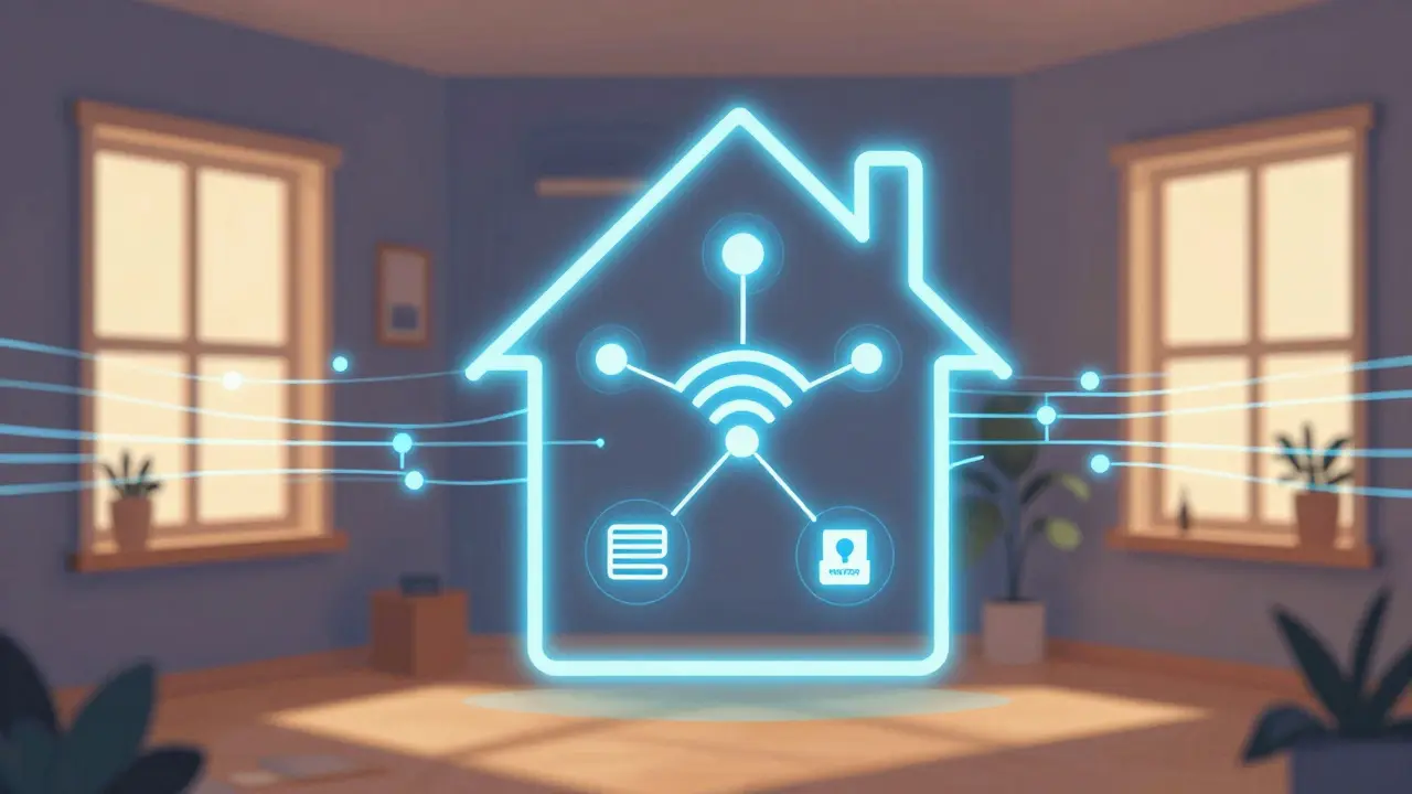 Abstrakte Darstellung vernetzter Smart-Home-Technik im Haus