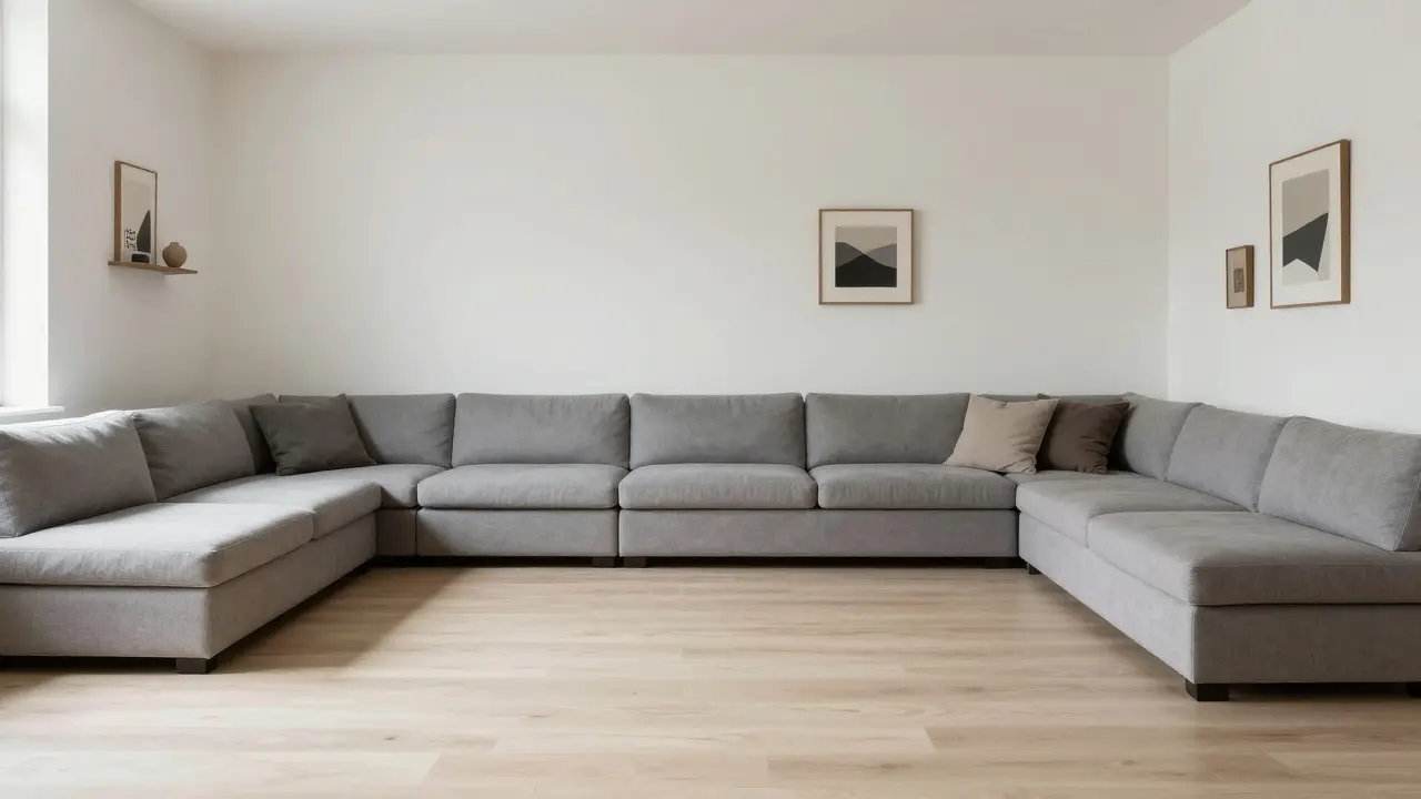 Aufgeräumtes Wohnzimmer mit viel Freiraum und hoher Dekoration
