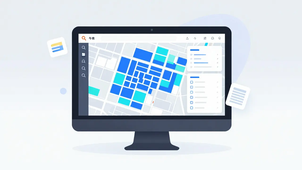 Computer screen showing colorful zoning map layers and search icons