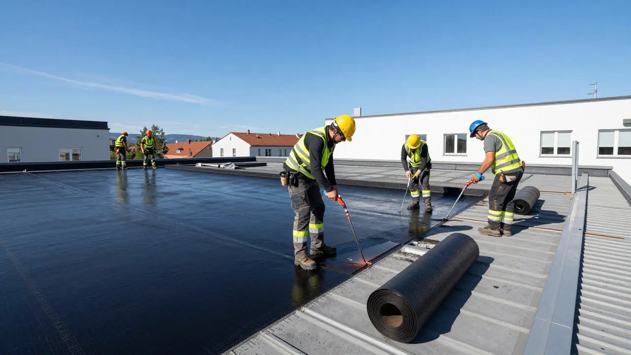 Dachdecker verlegen neue Bitumenbahnen auf einem Flachdach