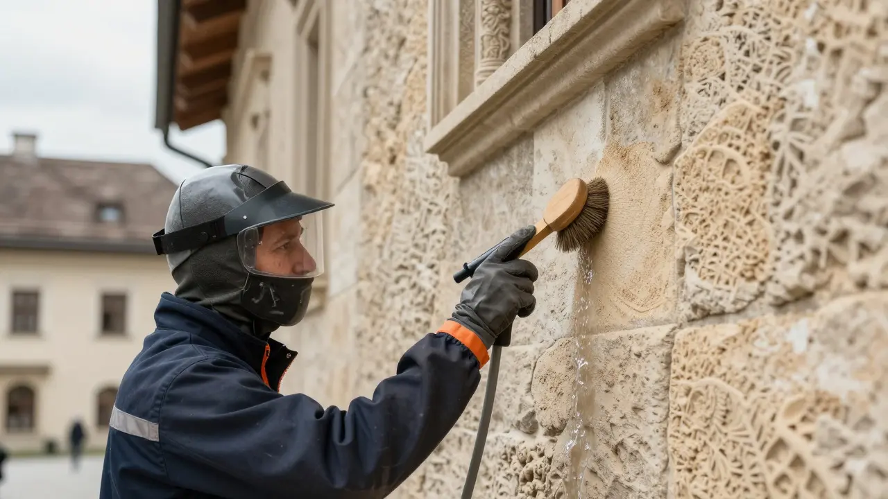 Fachmann reinigt vorsichtig eine Sandsteinwand mit weicher Bürste und Wasser