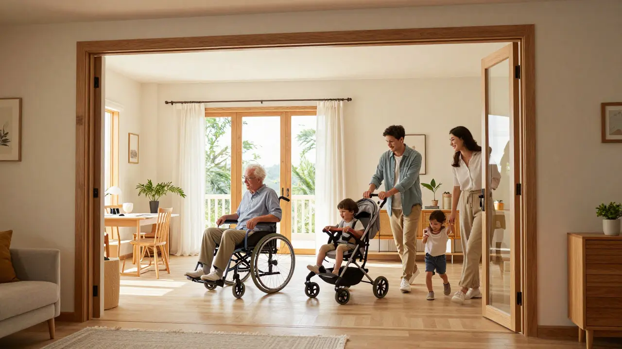 Familie verschiedener Generationen nutzt schwellenfreien Wohnraum