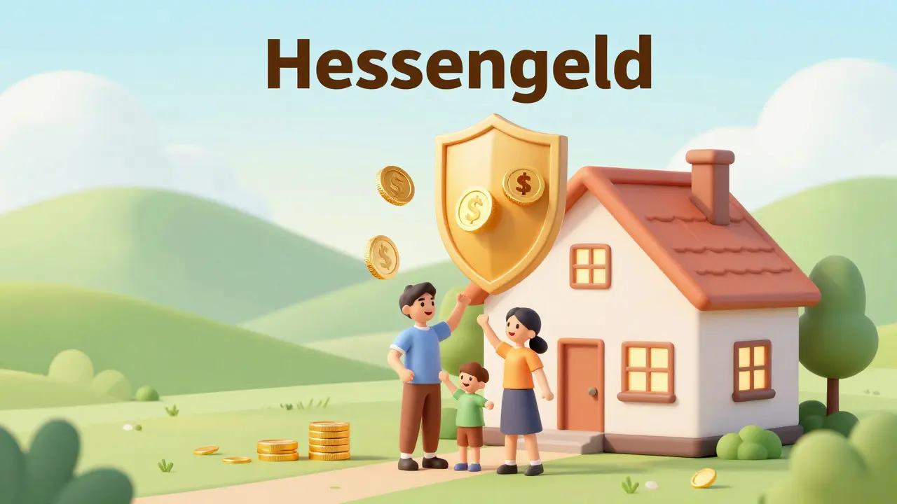 Familie vor Haus mit goldenen Münzen als Symbol für Hessengeld-Förderung