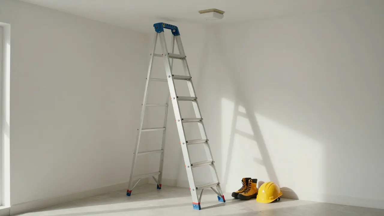Fiberglas-Leiter steht sicher an der Wand für Arbeiten in der Höhe
