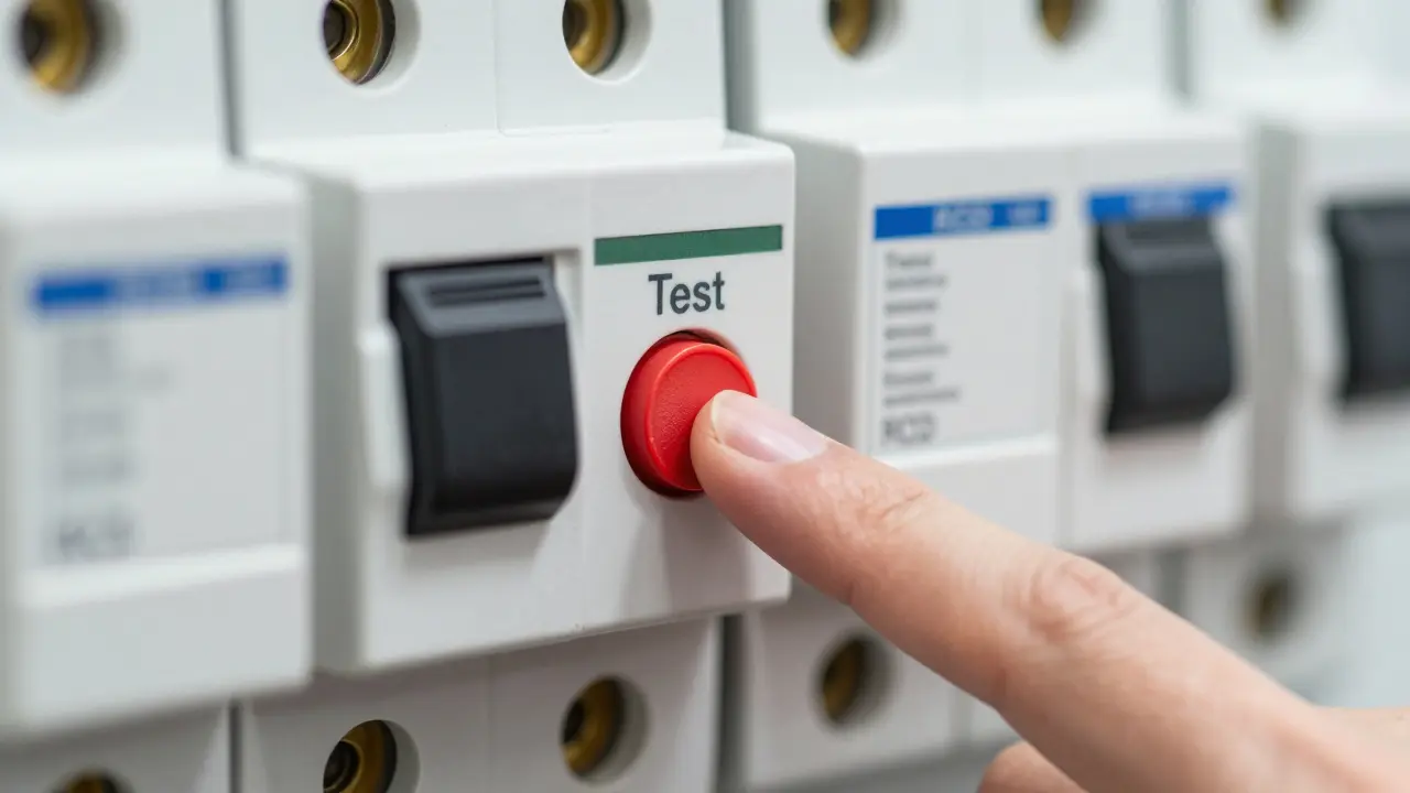 Finger drückt auf die Test-Taste eines FI-Schutzschalters zur Prüfung