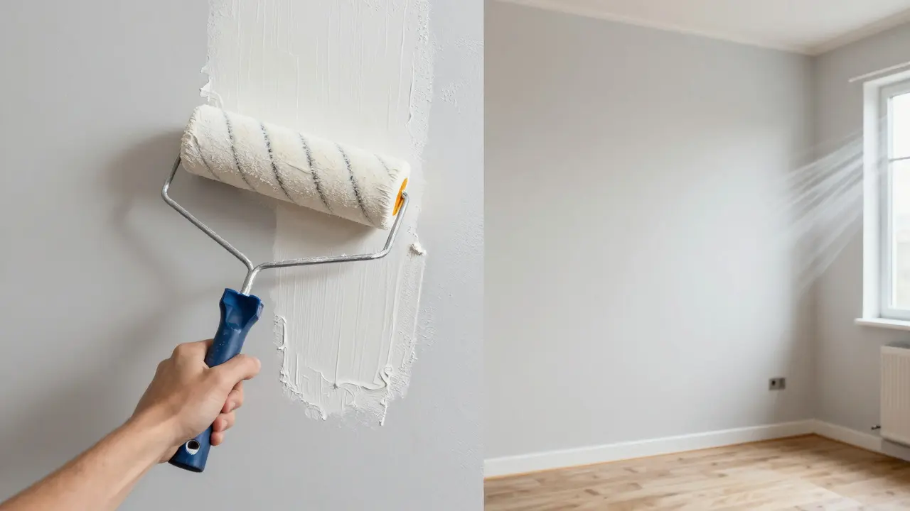 Frisch gestrichene weiße Wand im Bad mit glatter, schützender Oberfläche