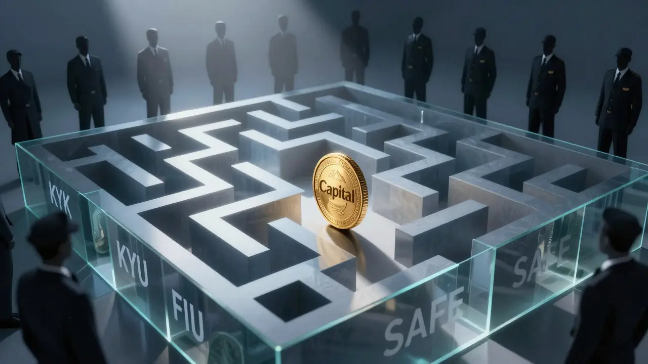 Goldmünze in einem Labyrinth aus Glaswänden, das Finanzregulierungen darstellt