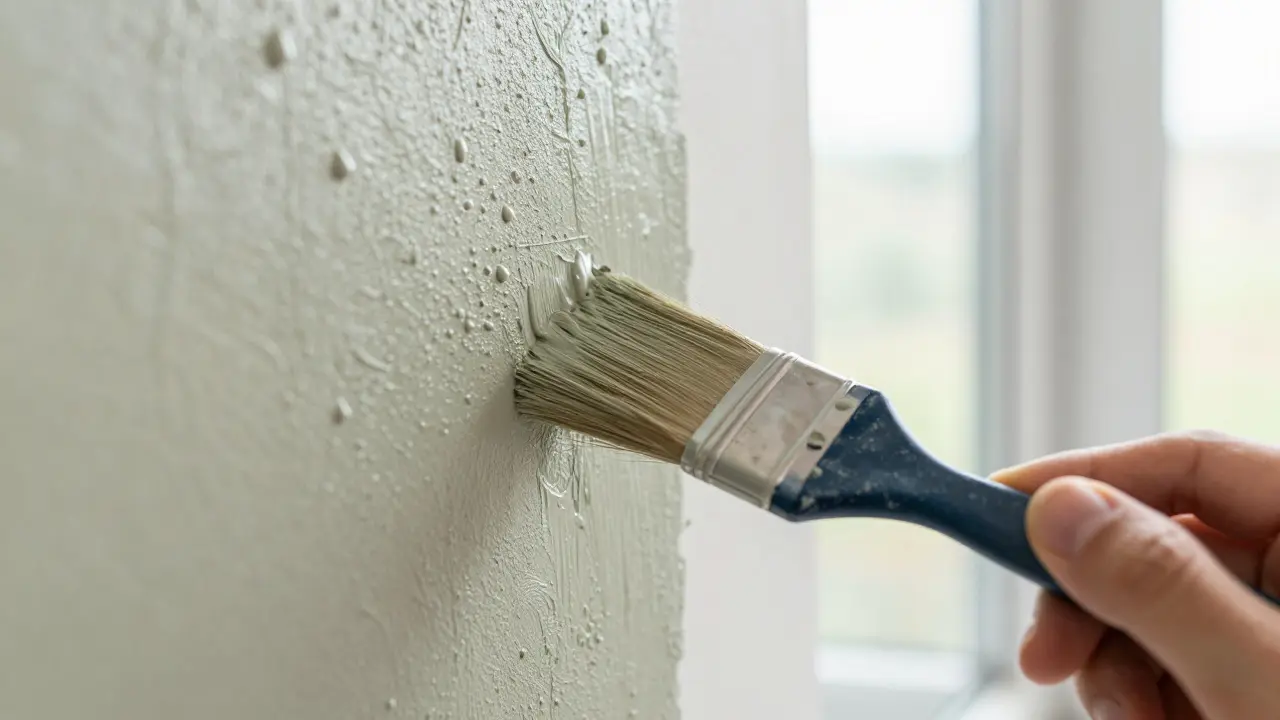 Hand streicht mineralische Farbe auf eine raue Putzwand