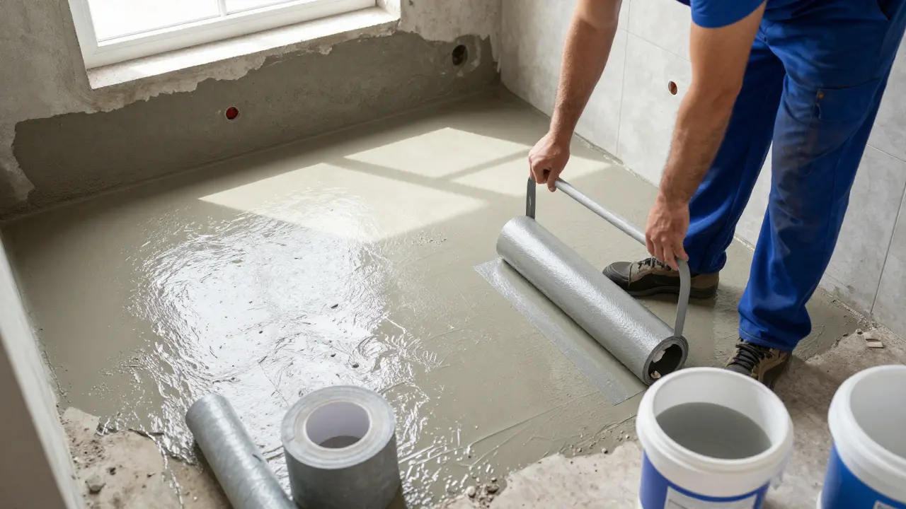 Handwerker trägt flüssige Wasserabdichtung auf vorbereiteten Estrichboden im Badezimmer auf