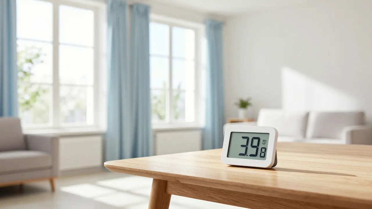 Helles Wohnzimmer mit offenem Fenster und Luftfeuchtigkeitsmesser