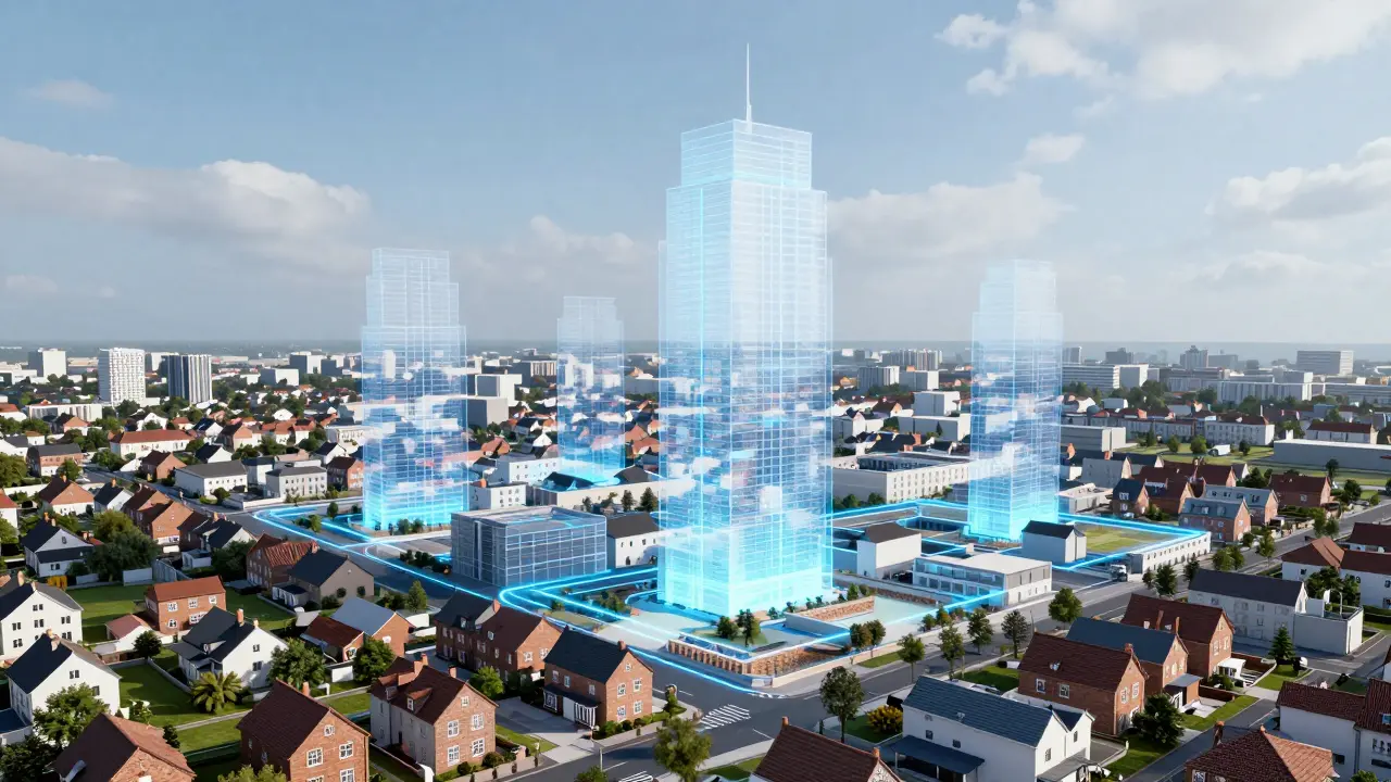 Holographic building limits overlaid on a neighborhood street view