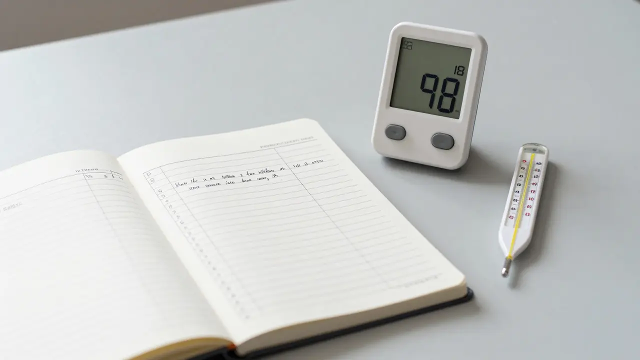 Hygrometer, Thermometer und Lüftungstagebuch auf einem Tisch als Beweismittel