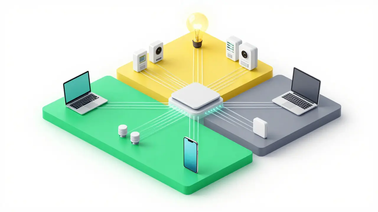 Isometrisches Diagramm der Netzwerksegmentierung mit getrennten Zonen für IoT und PCs