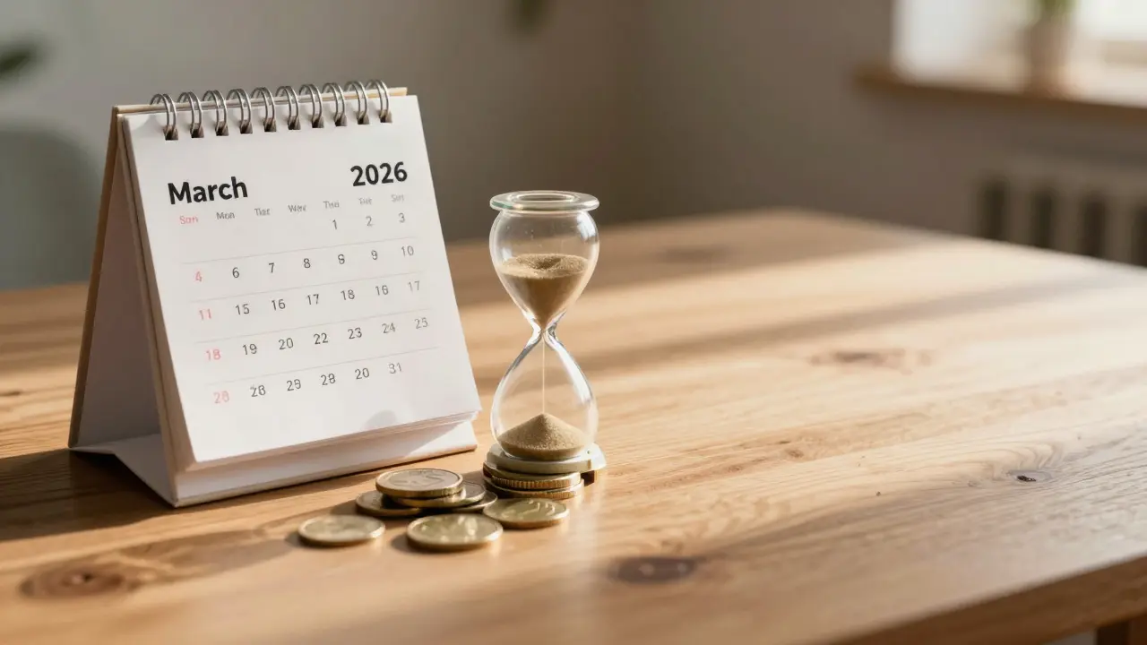 Kalender März 2026, Sanduhr und begrenzte Geldmenge symbolisieren Eile