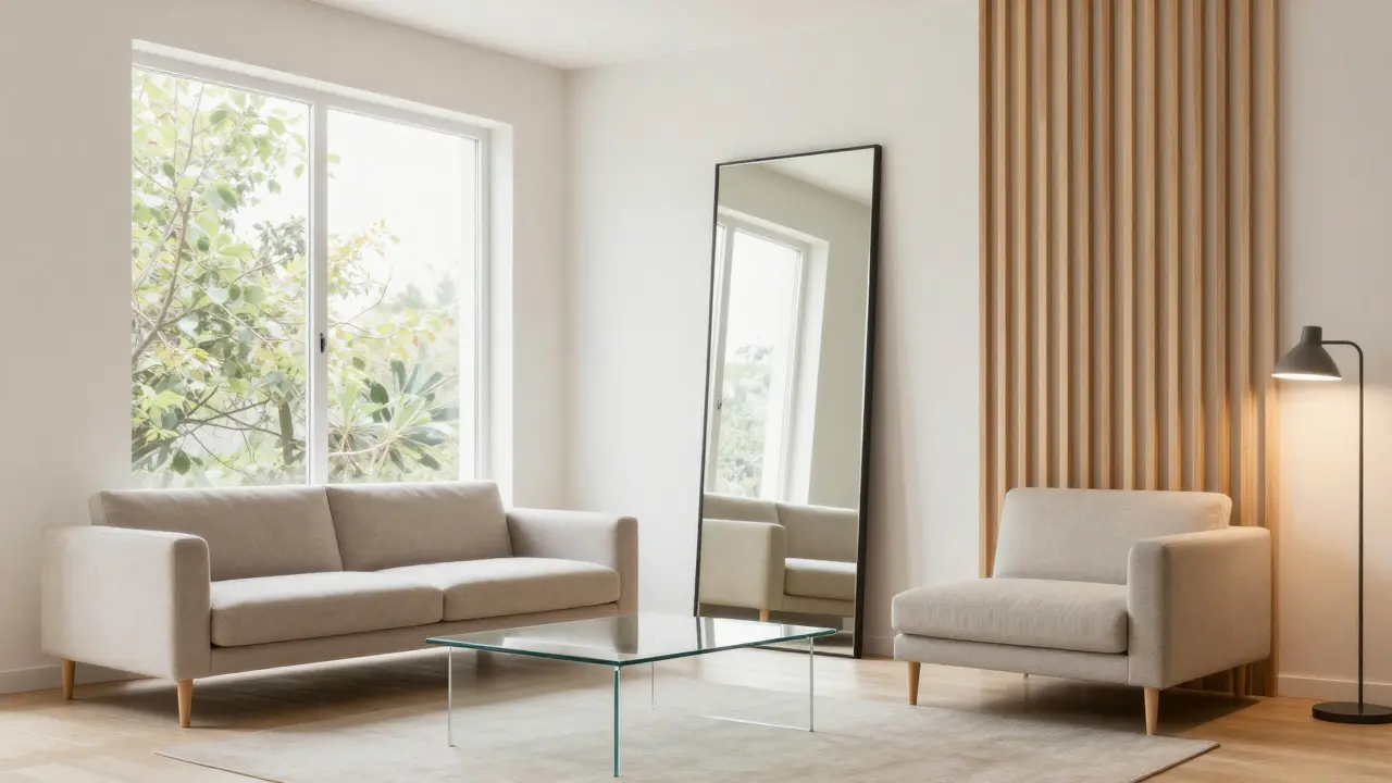 Minimalistisches Zimmer mit großem Spiegel und filigranen Möbeln