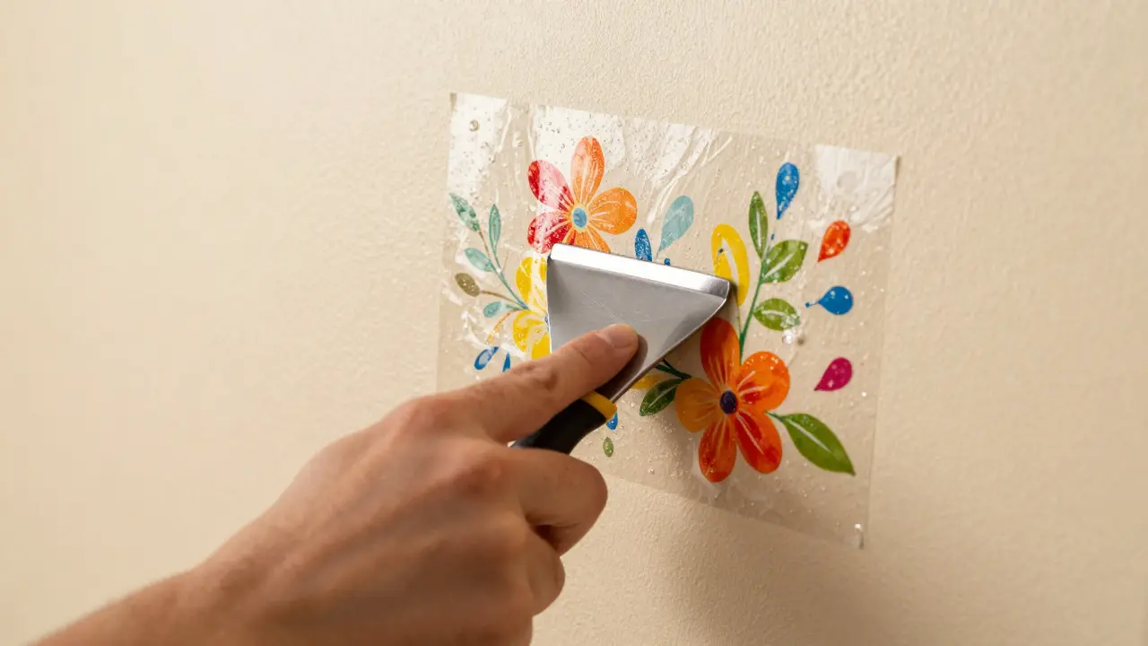 Nahaufnahme: Eine Wandtattoo wird mit einem Rakel blasenfrei auf die Wand gedrückt