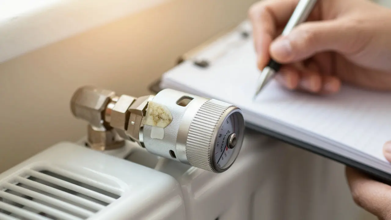 Nahaufnahme eines Heizkostenverteilers an einem Radiator mit Notizbuch im Hintergrund