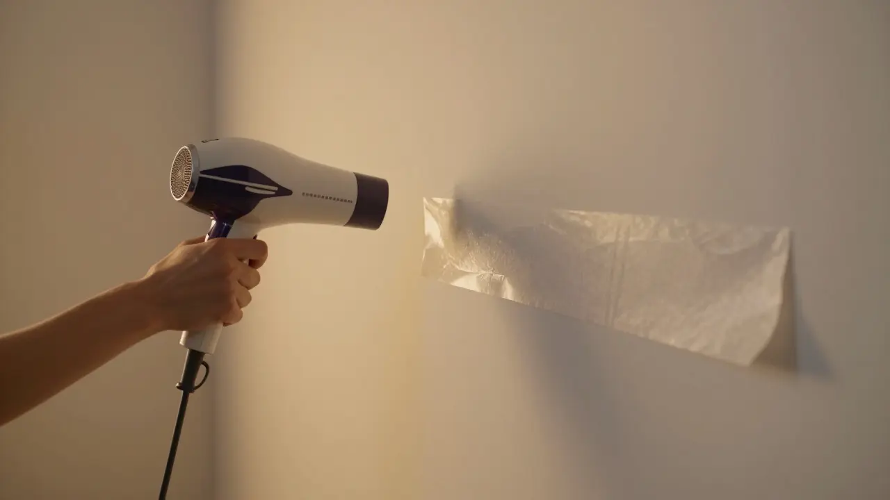 Person entfernt vorsichtig ein altes Wandtattoo mit Föhn von der Wand