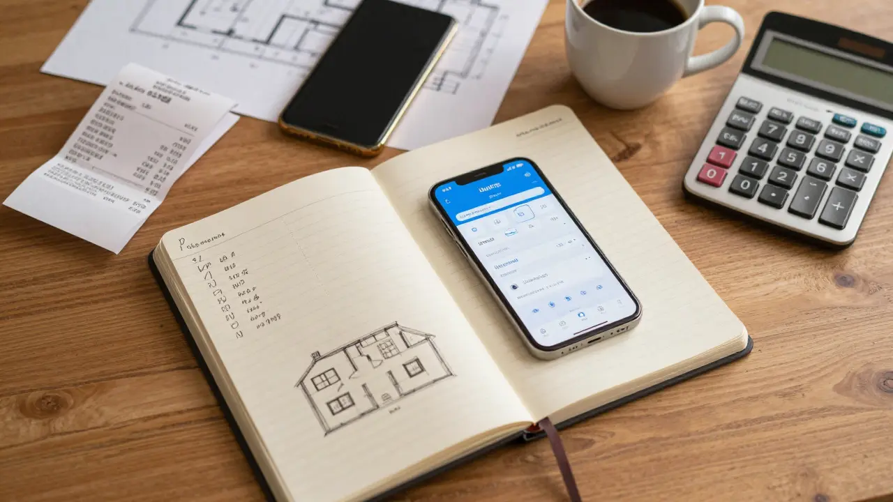 Renovation budget planning with notes and calculator
