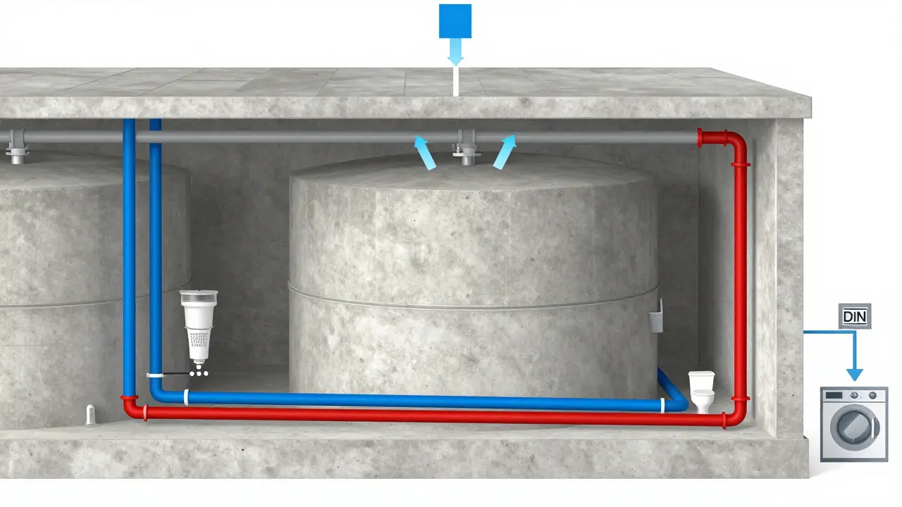 Schematische Darstellung von getrennten Wasserleitungen und Zisterne