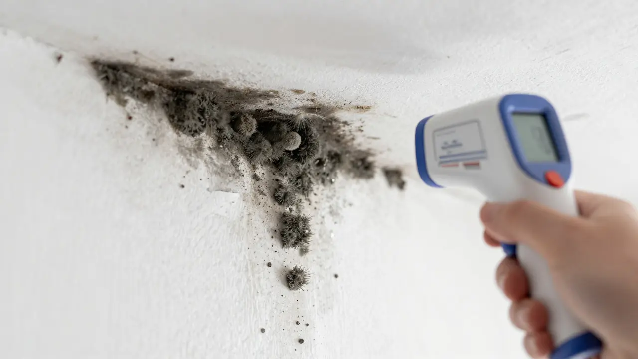 Schimmelpilzbefall an einer Wandecke mit Infrarotthermometer im Hintergrund