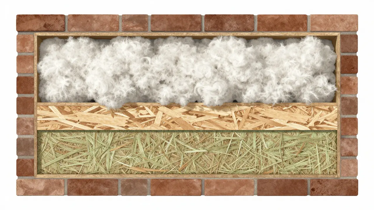 Schnittmodell einer Wand mit Schafwolle- und Holzfaserdämmung