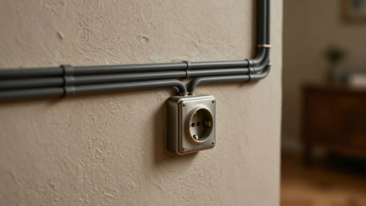 Sichtbare Aufputz-Kabelkanäle an historischer Wand im Altbau