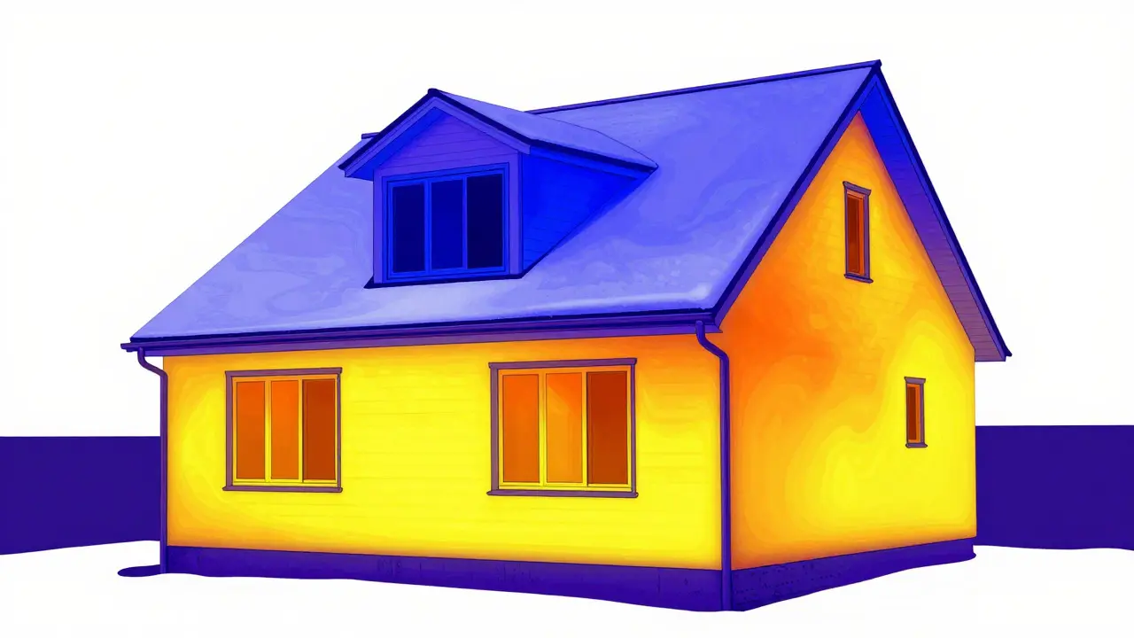 Thermografische Aufnahme zeigt Wärmeverlust um ein Gaubenfenster