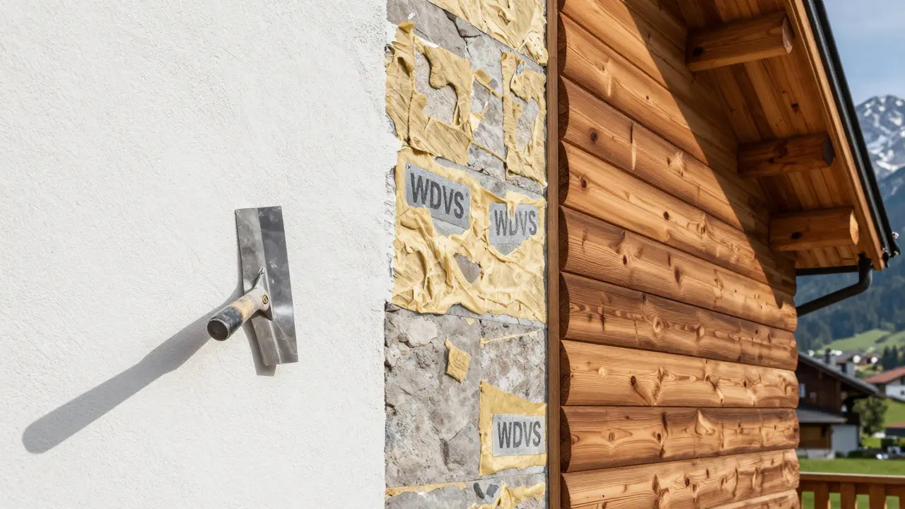 Verschiedene Fassadenmaterialien wie Putz, Dämmung und Holz im Vergleich