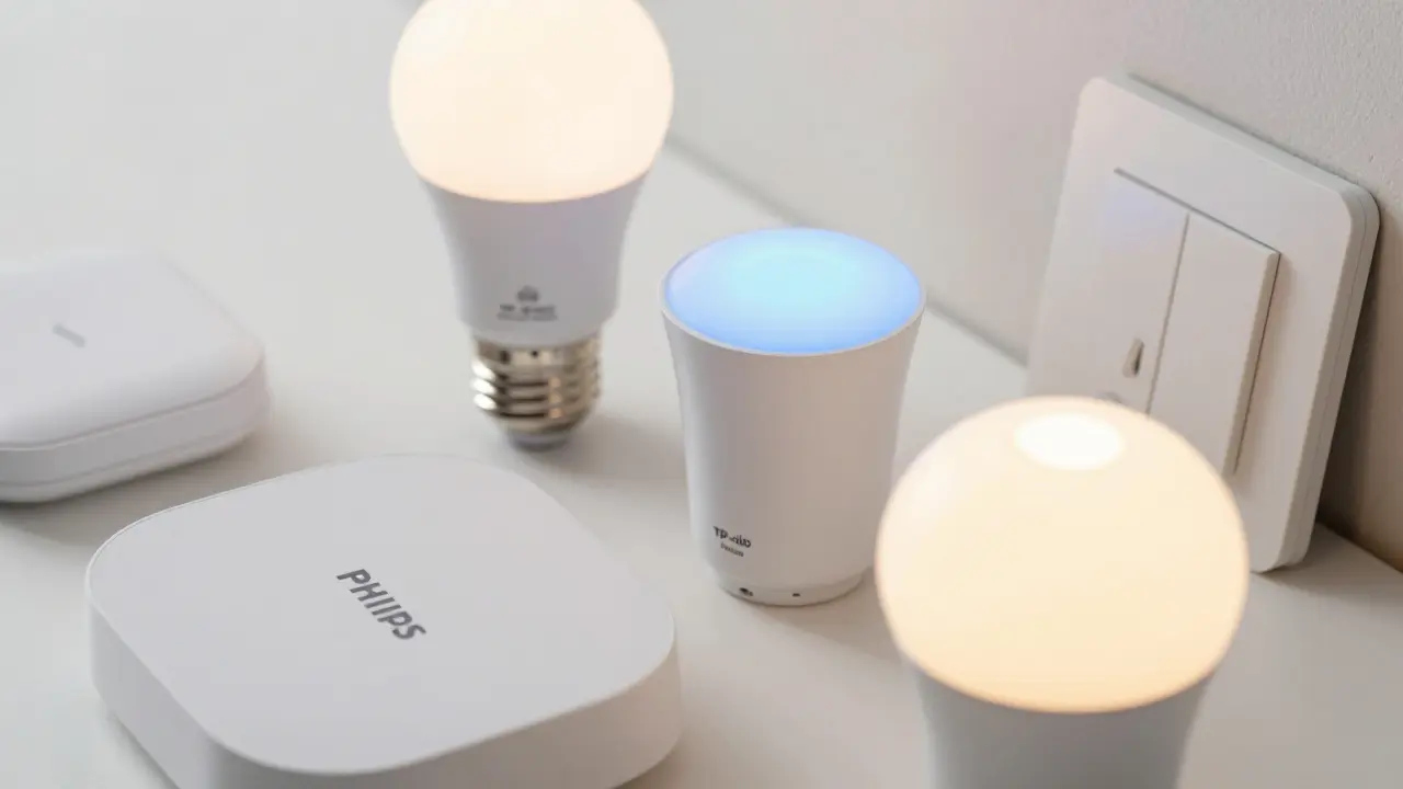 Verschiedene intelligente Lampen und Schalter auf weißem Untergrund