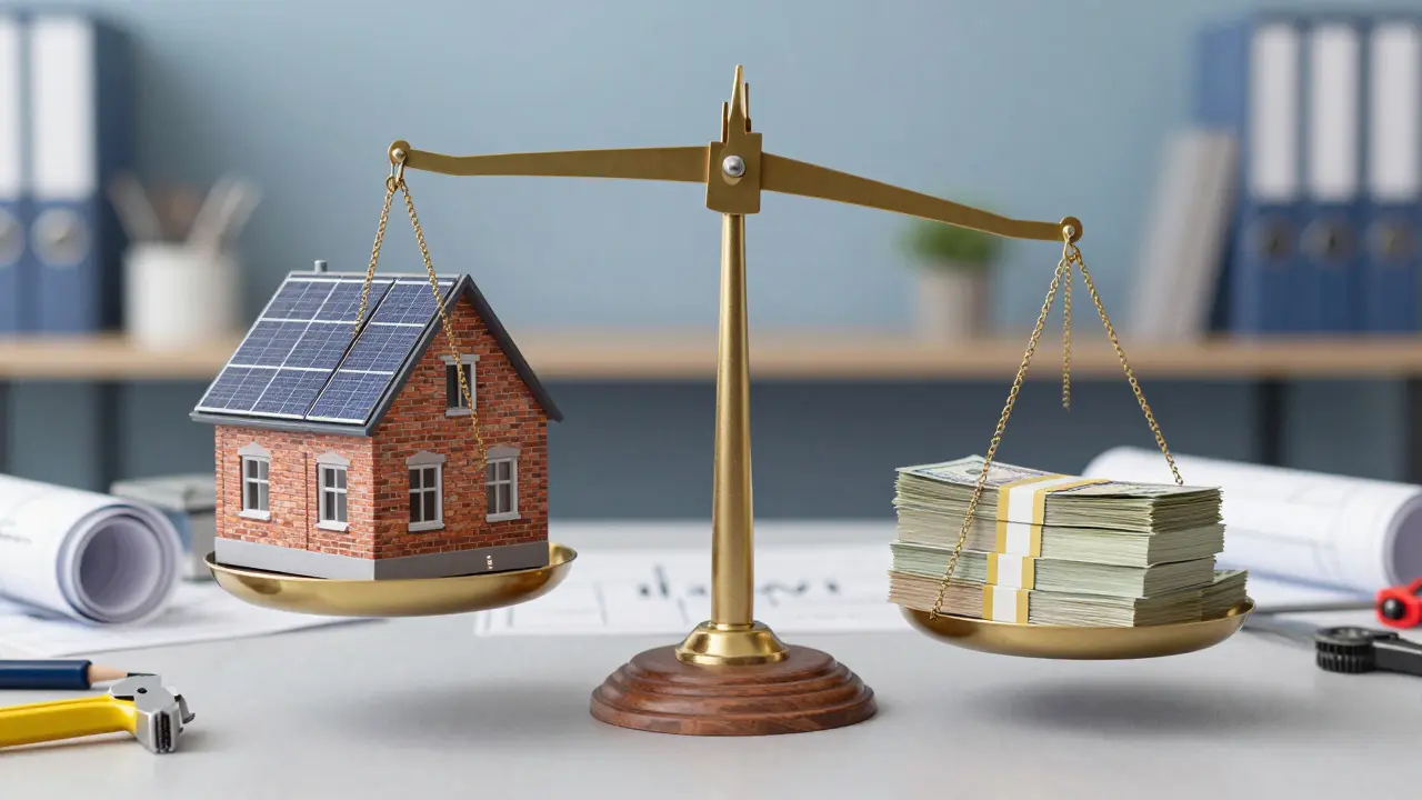 Waage mit Altbau-Sanierung und Geldstapeln zur Darstellung der KfW-Finanzierung