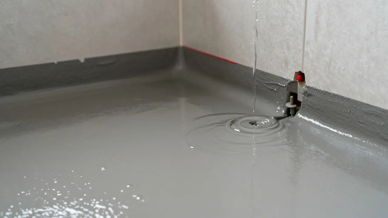 Wasserstauversuch: Stehendes Wasser auf der abgedichteten Badfläche zur Prüfung der Dichtheit