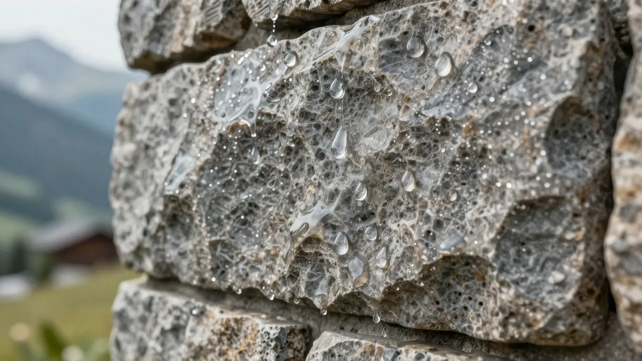 Wassertropfen perlen von einer behandelten Steinfläche ab, Symbol für Hydrophobierung