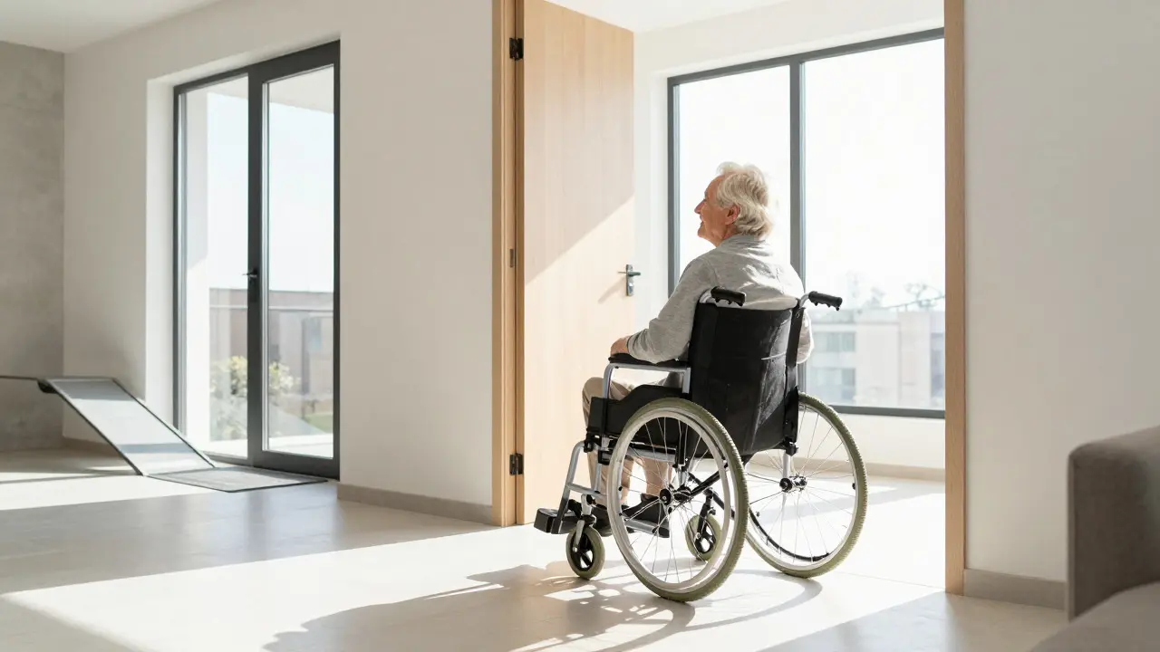 Älterer Mensch im Rollstuhl bewegt sich in einer barrierefrei umgebauten Wohnung