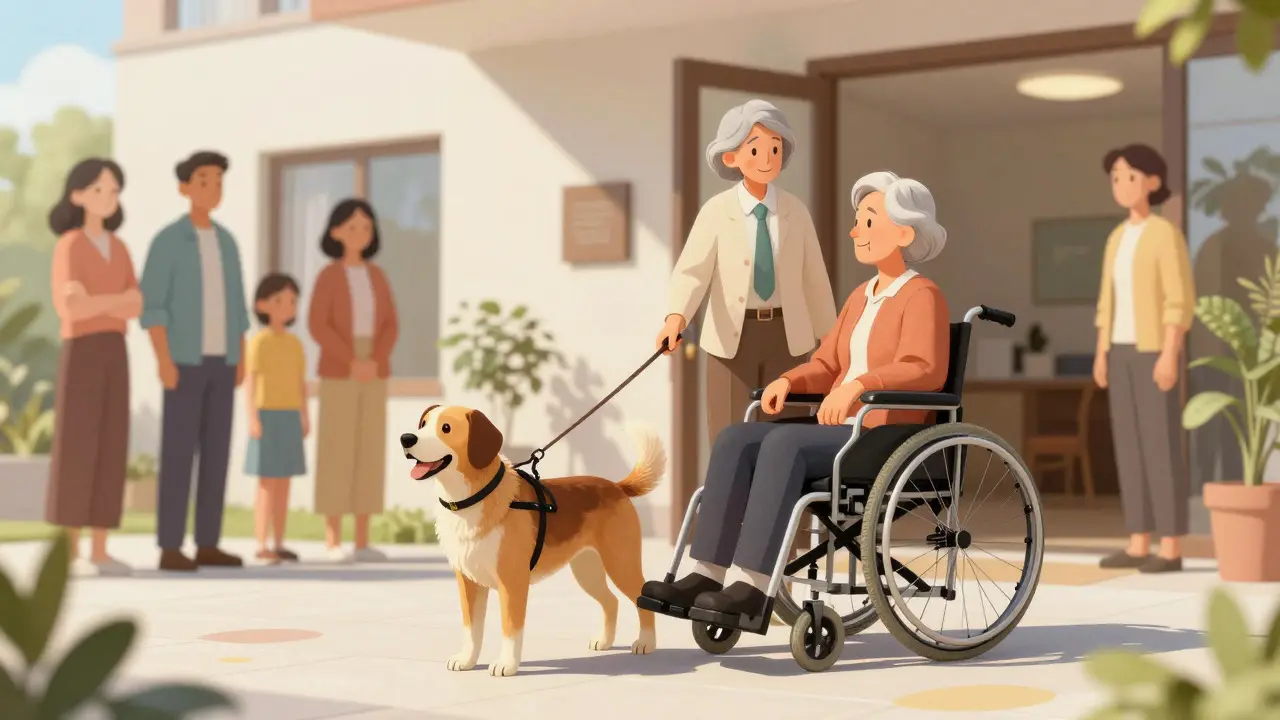 Blindenhund und Senior beim Betreten eines Wohnhauses