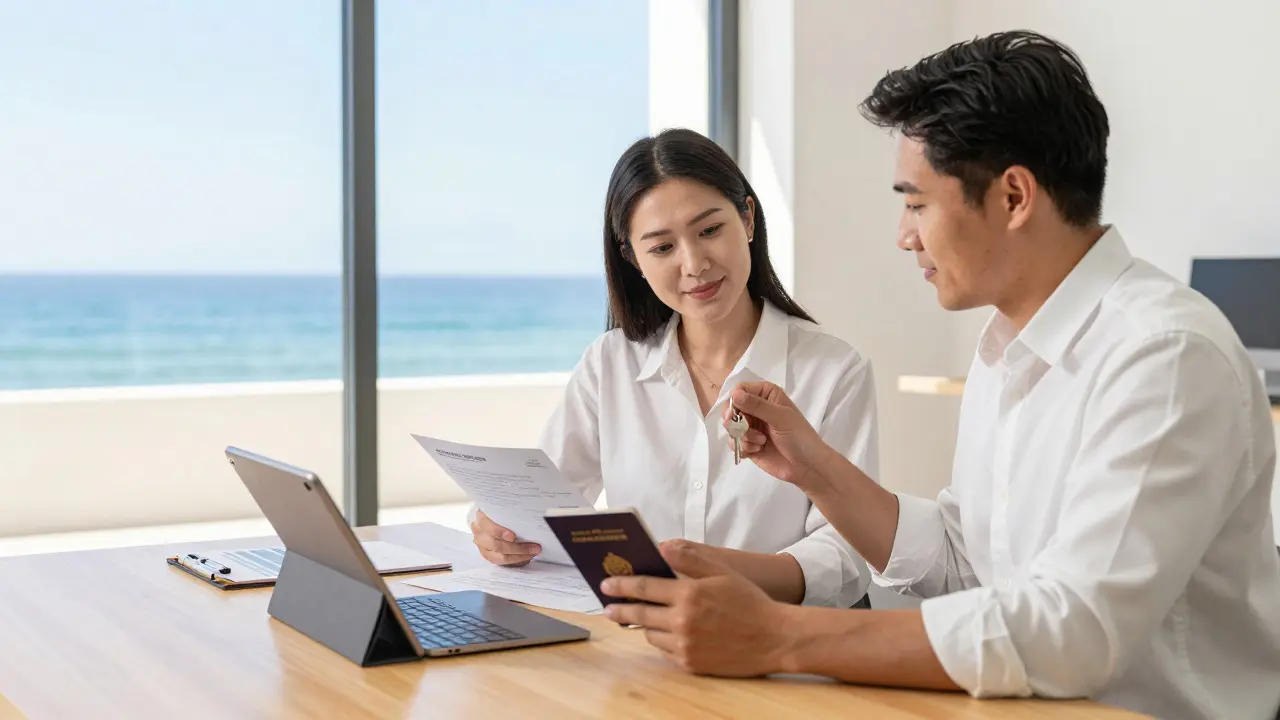 Couple reviewing financial documents and a key in an ocean-view office