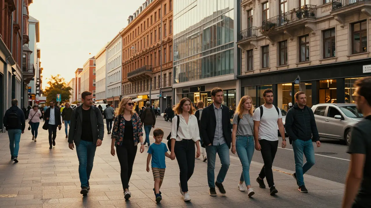 Crowd of people walking through a busy European city street during sunset