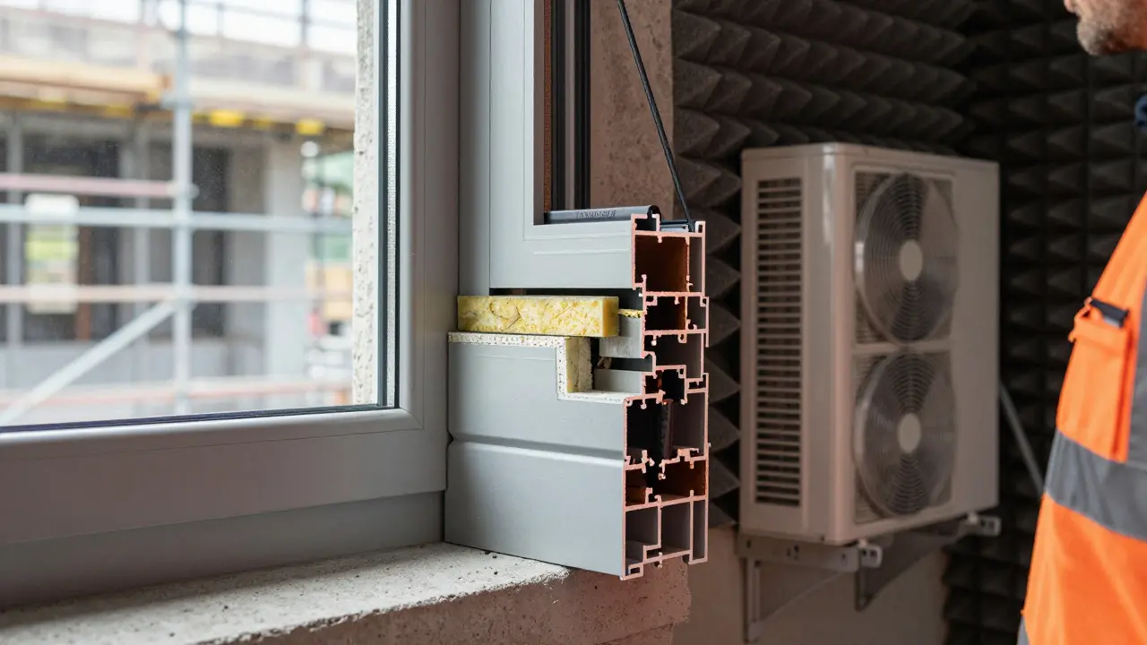 Detailaufnahme von schalldämmenden Fenstern und Isoliermaterialien an einem Gebäude