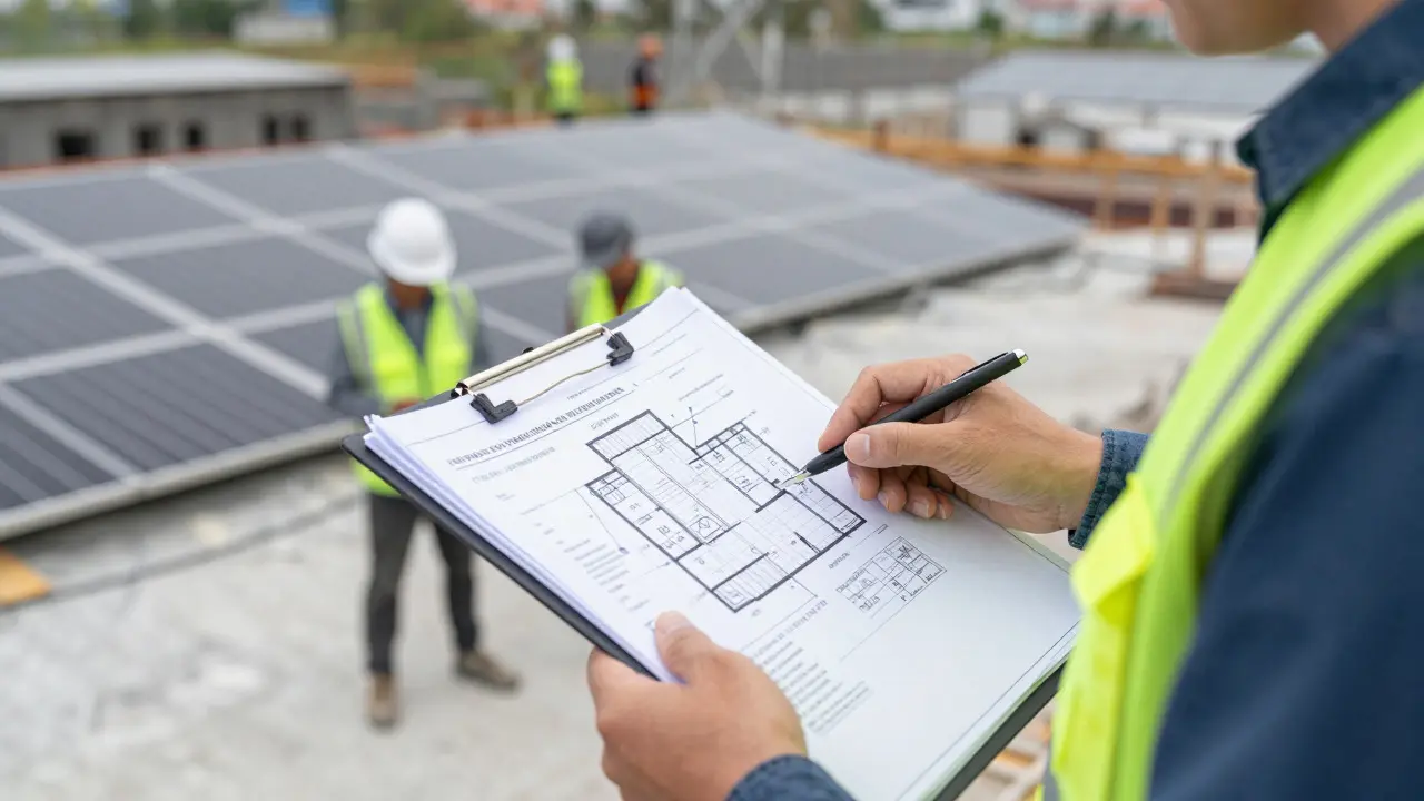 Energieberater prüft Sanierungspläne auf einer Baustelle vor Ort