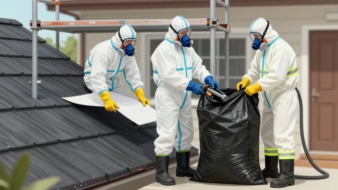 Fachkräfte in Schutzanzügen entfernen Asbestplatten und verpacken sie sicher