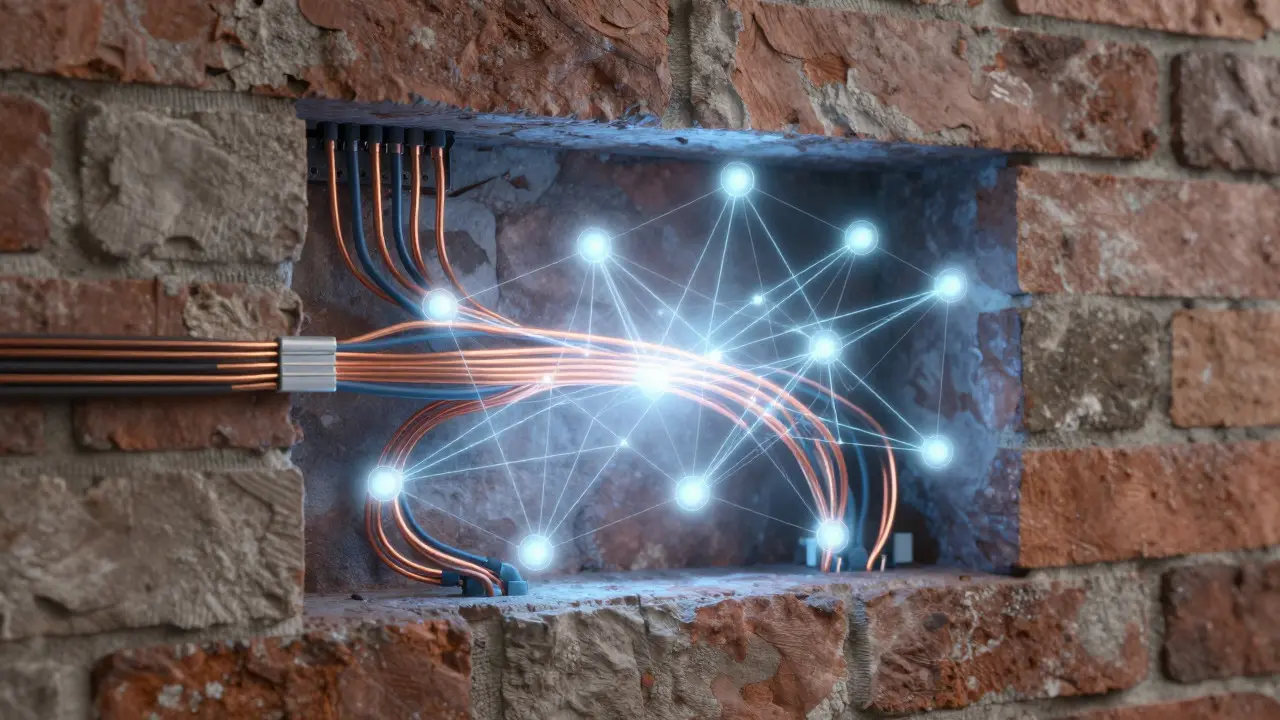 Glowing smart home wiring inside a brick wall