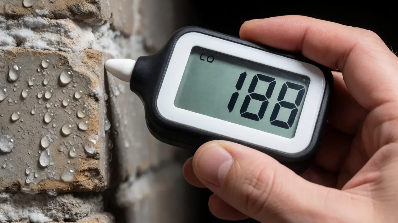 Hand hält Hygrometer an feuchte Kellermauer mit Salzausblühungen