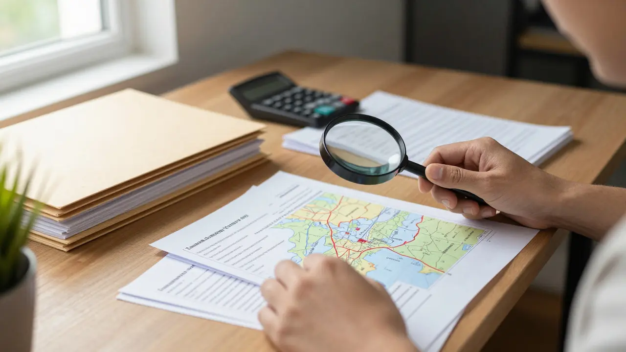 Hände prüfen Immobilienunterlagen und eine Karte mit Lupe